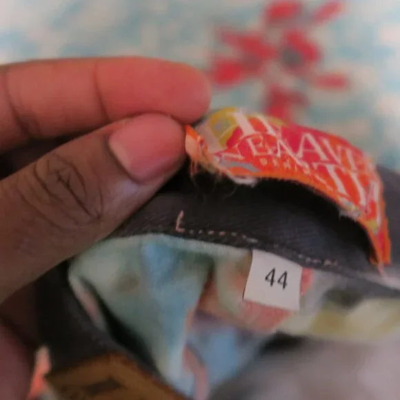 Heaven on Earth 1336 Tie Dye Stacked Denim Jeans Size 42x35 Raw Hem Orange Blue